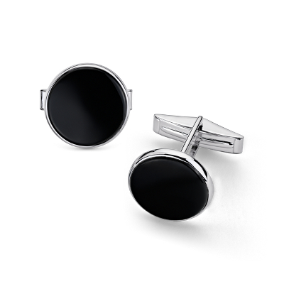 Large Round Onyx Cuff Link and Stud Set in Sterling Silver