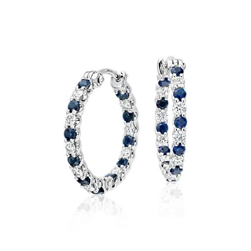 Luna Sapphire and Diamond Hoop Earrings in 18k White Gold (2mm)