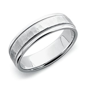 Hammered Milgrain Comfort Fit Wedding Ring in 14k White Gold (6mm)