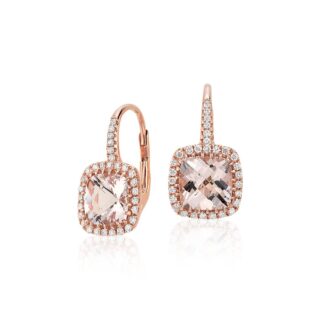 Morganite and Diamond Cushion Drop Earrings in 14k Rose Gold (7x7mm)