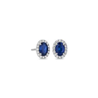Oval Sapphire and Diamond Micropavé Stud Earrings in 14k White Gold (6x4mm)