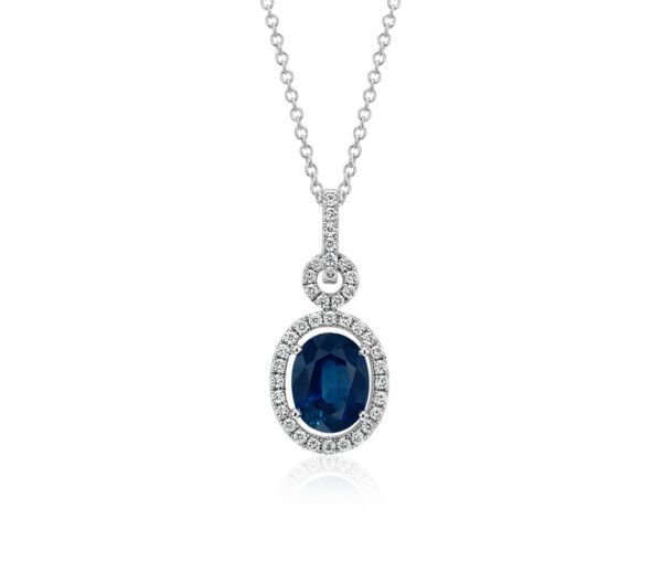 Floating Sapphire and Diamond Oval Twisted Pavé Pendant in 18k White Gold (9x7mm)