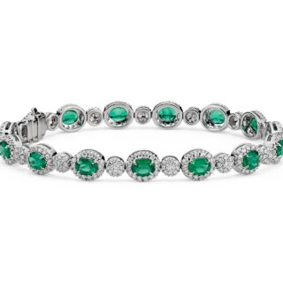 Emerald and Diamond Halo Bracelet in 18k White Gold (5x4mm)