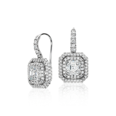 Asscher-Cut Diamond Double Halo Drop Earrings in 18k White Gold (2 3/4 ct. tw.)