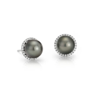 Tahitian Cultured Pearl and Diamond Halo Stud Earrings in 14k White Gold (8.0-9.0mm)