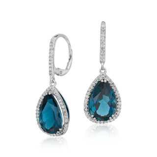 London Blue Topaz Elegant Halo Drop Earrings in Sterling Silver (14x9mm)