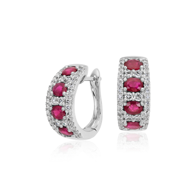 Ruby and Diamond Hoop Earring in 14k White Gold (4x3mm)