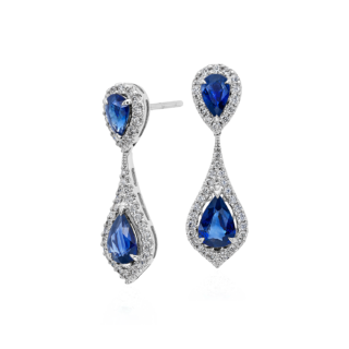 Sapphire and Diamond Halo Drop Earrings in 18k White Gold (7x5mm)