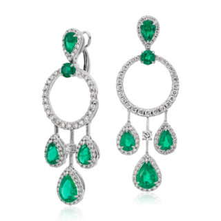 Pear Shape Emerald and Diamond Drop Earrings in 18k White Gold (4.41 ct. tw.)