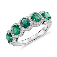 Emerald and Diamond Five-Stone Halo Ring in 18k White Gold (4.5mm)