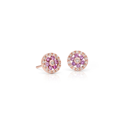 Pink Sapphire and Diamond Floral Stud Earrings in 14k Rose Gold (1.5mm)