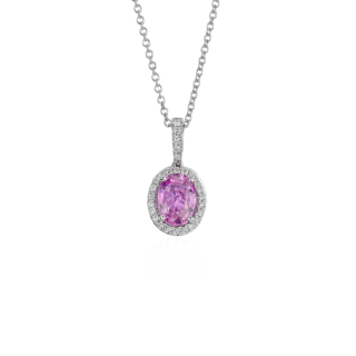 Pink Sapphire and Micropavé Diamond Halo Pendant in 14k White Gold (8x6mm)