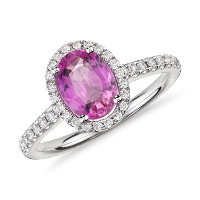 Pink Sapphire and Micropavé Diamond Halo Ring in 14k White Gold (8x6mm)