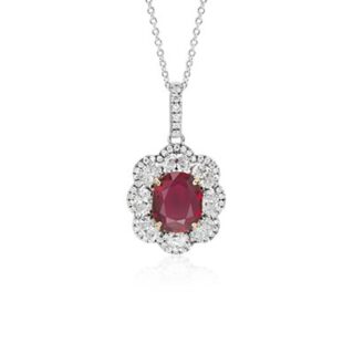 Oval Ruby and Diamond Floral Halo Drop Pendant in 18k White Gold (1.91 ct. center)