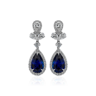 Triomphe Pear Shape Sapphire and Diamond Drop Earrings in 18k White Gold (3.37 cts)