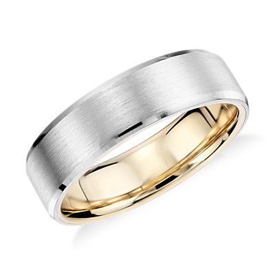 Matte Beveled Edge Wedding Ring in Platinum and 18k Yellow Gold (6mm)