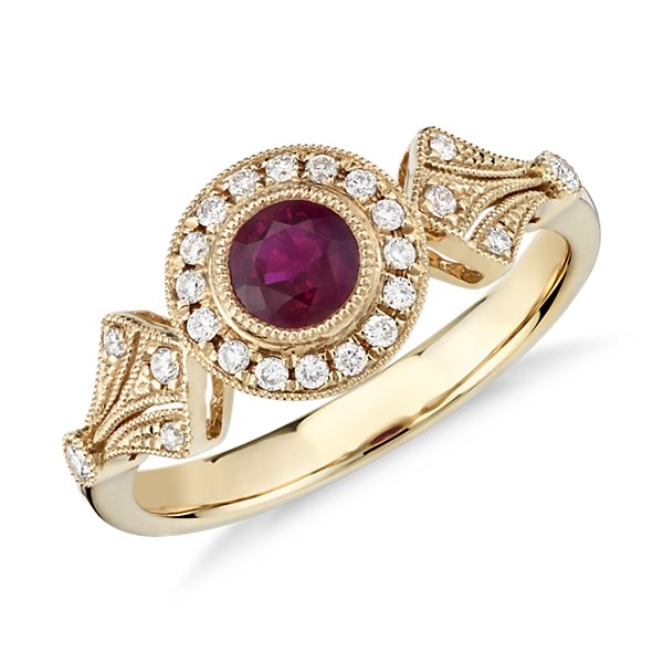 Ruby and Diamond Halo Vintage-Inspired Milgrain Ring in 14k Yellow Gold (4mm)