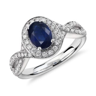 Sapphire and Diamond Halo Twist Ring in 14k White Gold (7x5mm)