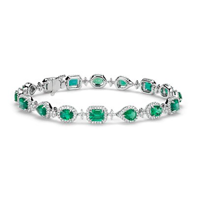 Emerald and Halo Diamond Bracelet in 18k White Gold (5.39 ct. tw.)