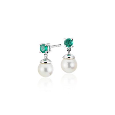 Freshwater Cultured Pearl and Emerald Drop Earrings in 14k White Gold (6-6.5mm)