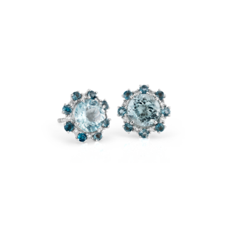 Aquamarine and London Blue Topaz Diamond Halo Stud Earrings in 14k White Gold (6mm)