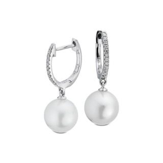 White South Sea Pearl Earrings with Diamond Hoops in 18k White Gold (8-9mm)