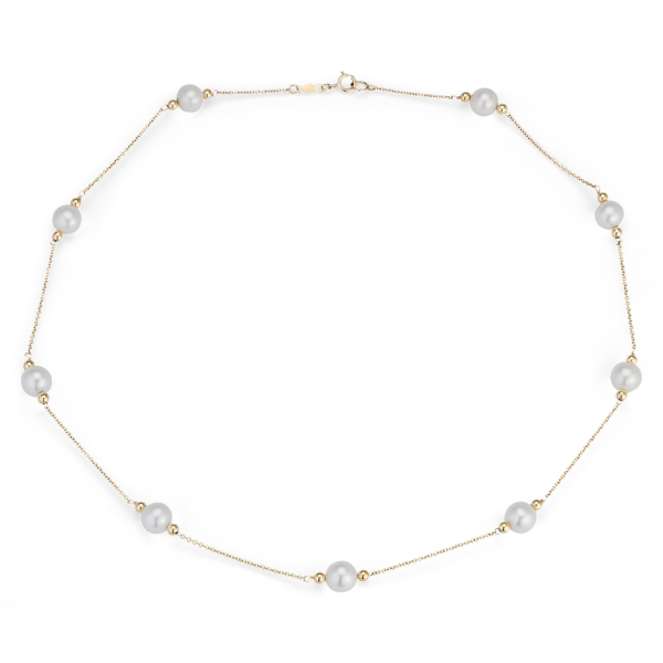 Freshwater Cultured Pearl Stationed Necklace in 14k Yellow Gold (7-8mm)