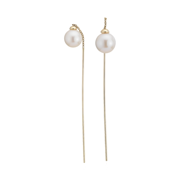 Front-Back Freshwater Cultured Pearl Drop Threader Earring in 14k Yellow Gold (6-7mm)