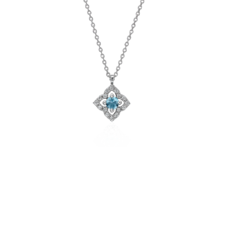 Petite Swiss Blue Topaz and Diamond Floral Pendant in 14k White Gold (2.8mm)