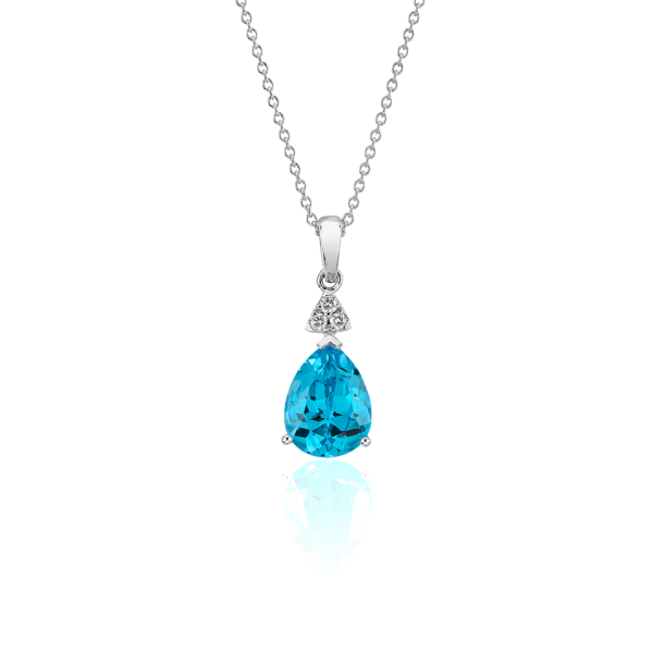Pear-Shaped Blue Topaz Pendant with Diamond Trio in 14k White Gold (9x7mm)