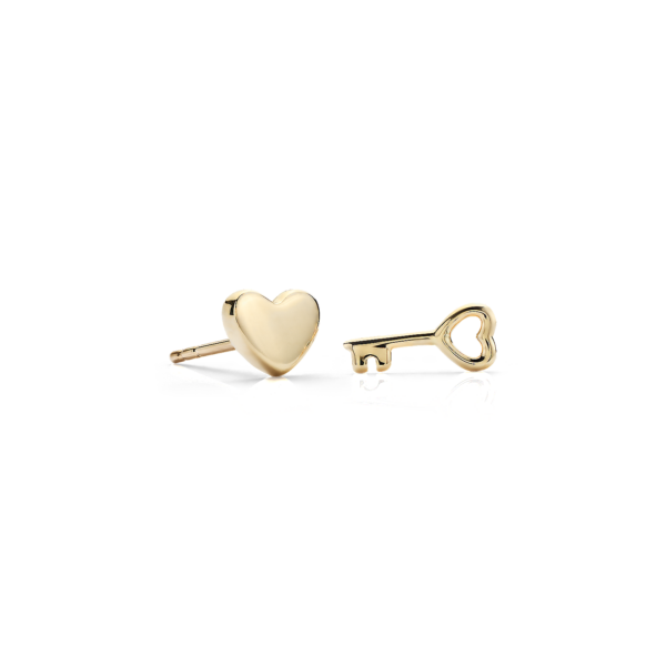 Heart and Key Mismatched Stud Earrings in 14k Yellow Gold