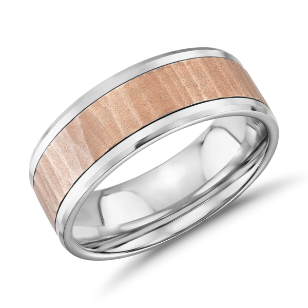 Hammered Inlay Wedding Ring in 14k White and Rose Gold (8mm)
