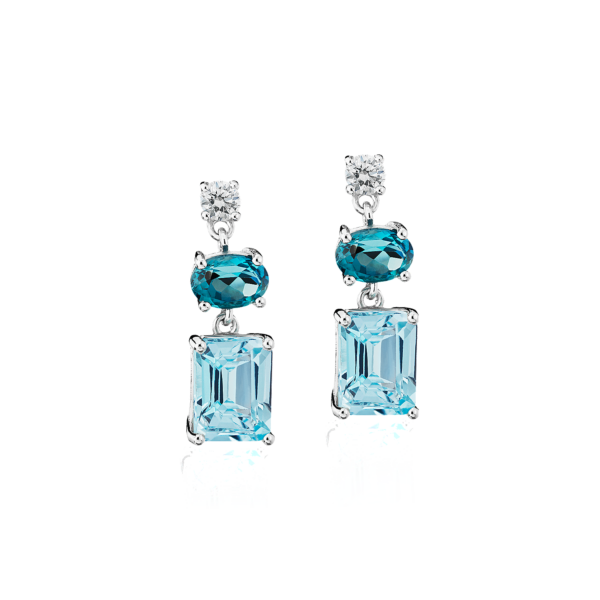 Blue Topaz and White Sapphire Mixed Shape Drop Earrings in Sterling Silver
