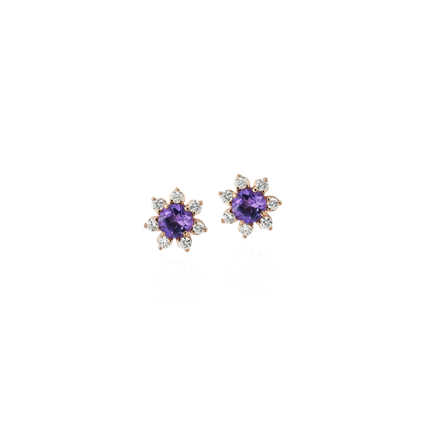 Mini Amethyst Earrings with Diamond Blossom Halo in 14k Rose Gold (3.5mm)