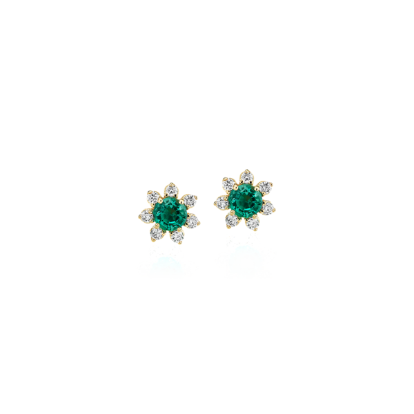 Mini Emerald Earrings with Diamond Blossom Halo in 14k Yellow Gold (3.5mm)