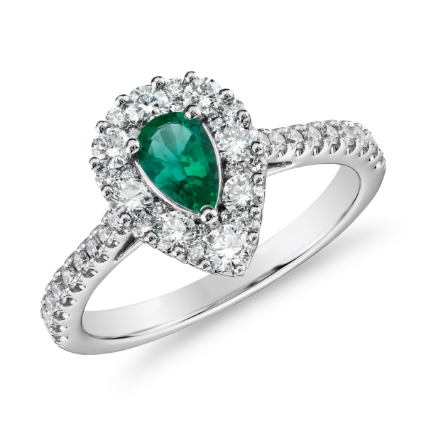 Pear Emerald Ring with Diamond Halo in 14k White Gold (6x4mm)