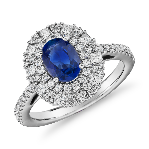 Oval Sapphire Ring with Double Diamond Halo in 14k White Gold (7x5mm)