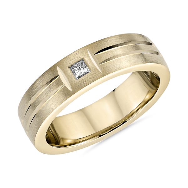 Single Diamond Dual Polish Inlay Matte Wedding Ring in 14k Yellow Gold (6 mm