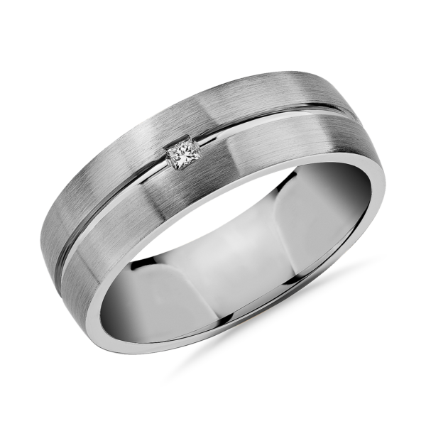 Single Princess Diamond and High Polish Inlay Wedding Ring in Platinum (7 mm