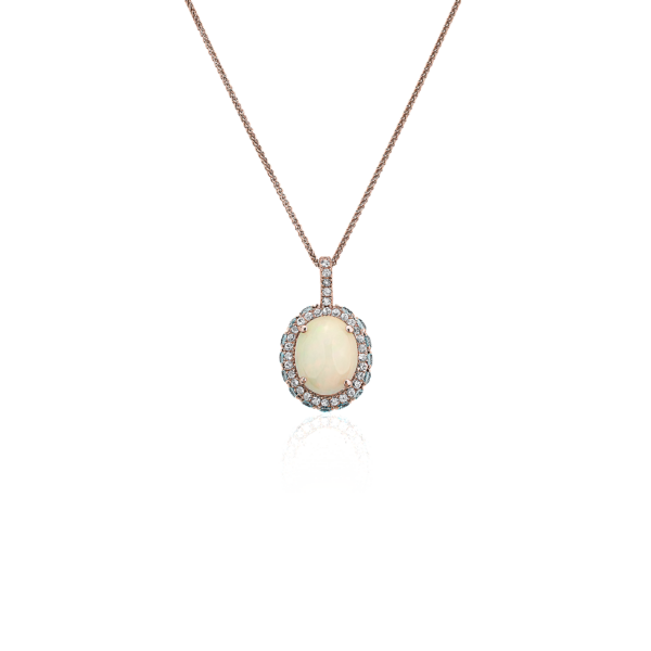 Oval Opal with Blue and White Topaz Halo Pendant in 14k Rose Gold
