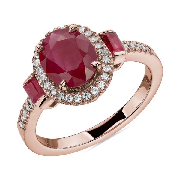Oval and Baguette Ruby Ring in 14k Rose Gold
