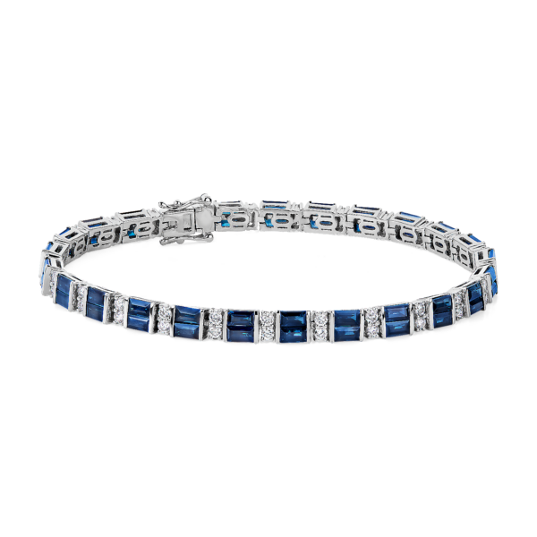Alternating Baguette Blue Sapphire and Round Diamond Bracelet in 14k White Gold