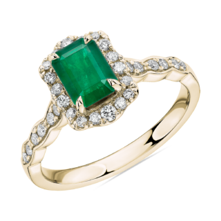 Emerald Cut Emerald Ring with Diamond Halo in 14k Yellow Gold