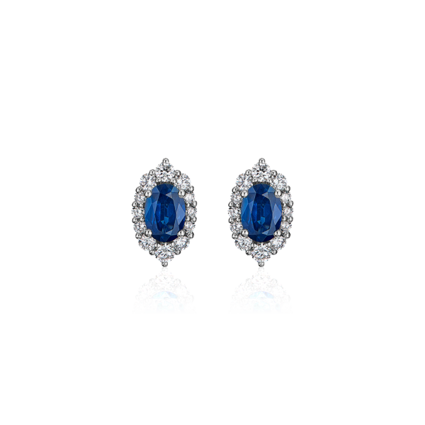 Oval Sapphire and Diamond Earrings in 14k White Gold