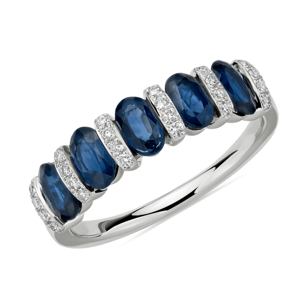 Alternating Oval Sapphire and Diamond Ring in 14k White Gold