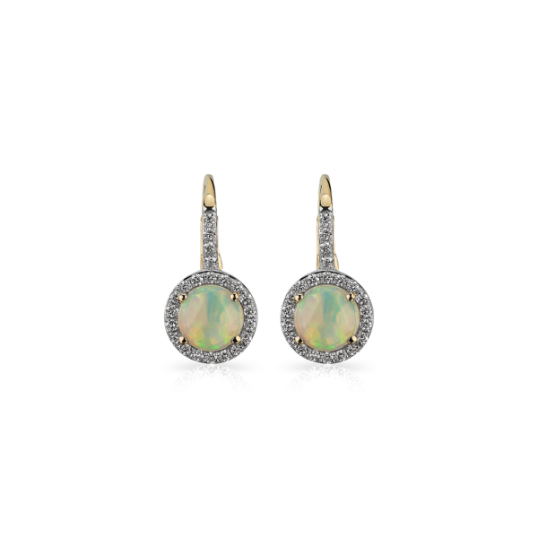 Round Opal and Diamond Halo Drop Earrings in 14k Yellow Gold 5.5mm