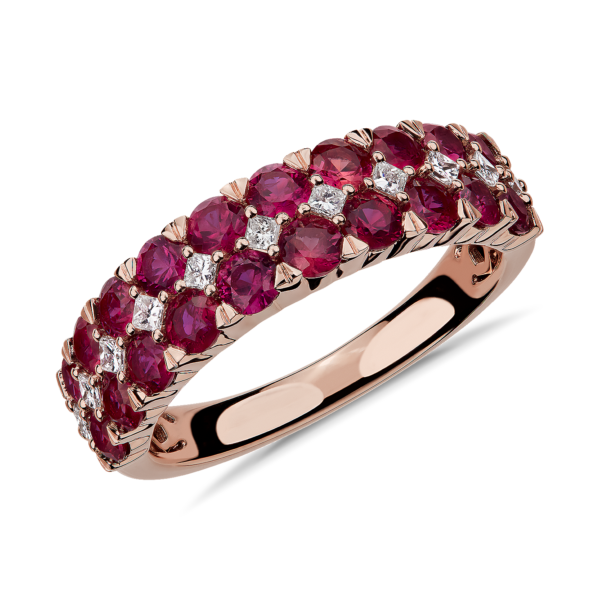 Ruby and Diamond Double Row Ring in 14k Rose Gold