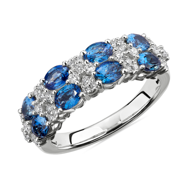 Oval Sapphire & Round Diamond Double Row Ring in 14k White Gold